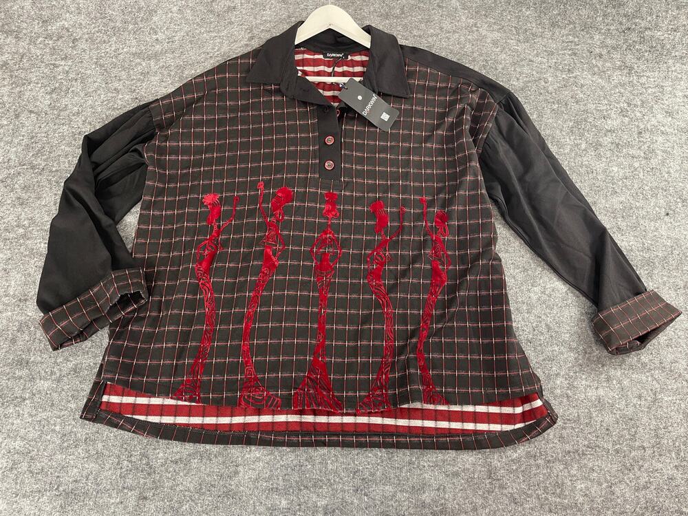 Darkwin Polo Shirt Womens Big 3X Plus Hula Girl Plaid Long Sleeve Sweater N226
